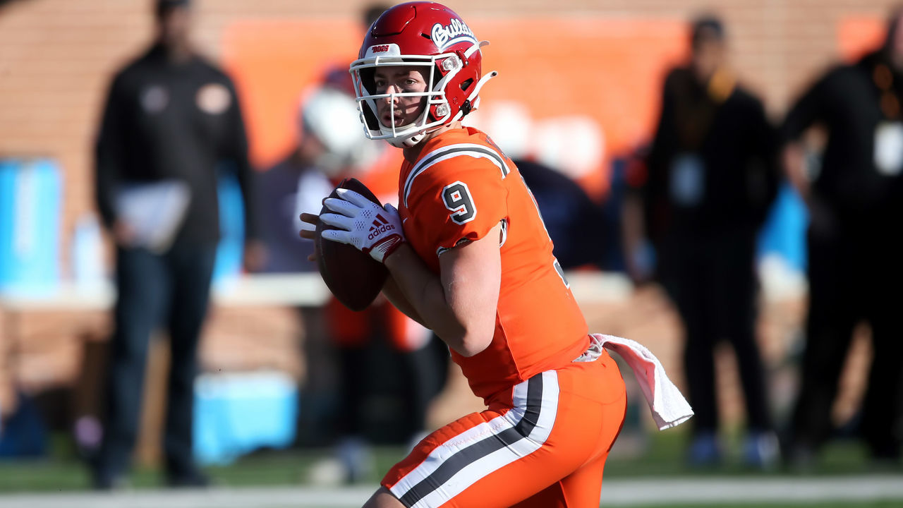 MOBILE, AL - FEBRUARY 04: National quarterback Jake Haener of Fresno State (9) during the Reese's Senior Bowl on February 4, 2023 at Hancock Whitney Stadium in Mobile, Alabama.