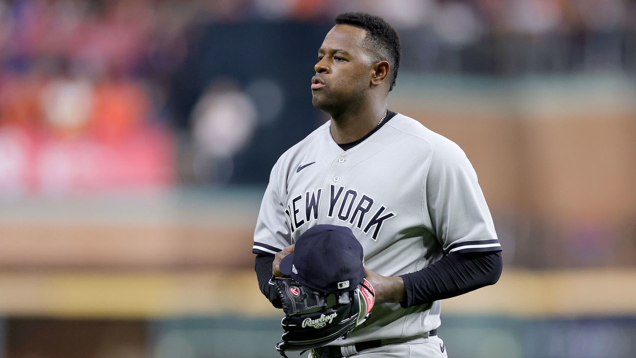 HOUSTON, TEXAS - OCTOBER 20: Luis Severino #40 of the New York Yankees walks off the field after being removed during the sixth inning in game two of the American League Championship Series against the Houston Astros at Minute Maid Park on October 20, 2022 in Houston, Texas.
