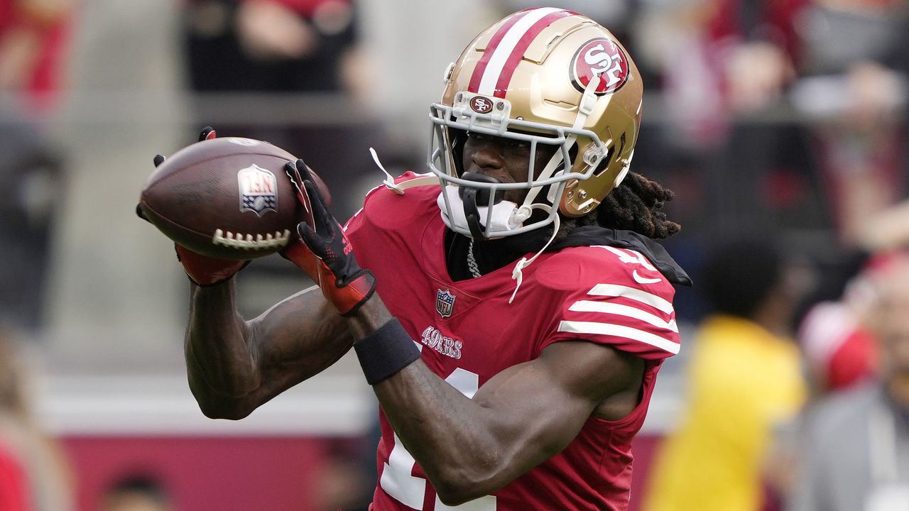 SANTA CLARA, CALIFORNIA - JANUARY 08: Brandon Aiyuk #11 of the San Francisco 49ers catches a pass during warm-ups prior to the game against the Arizona Cardinals at Levi's Stadium on January 08, 2023 in Santa Clara, California.