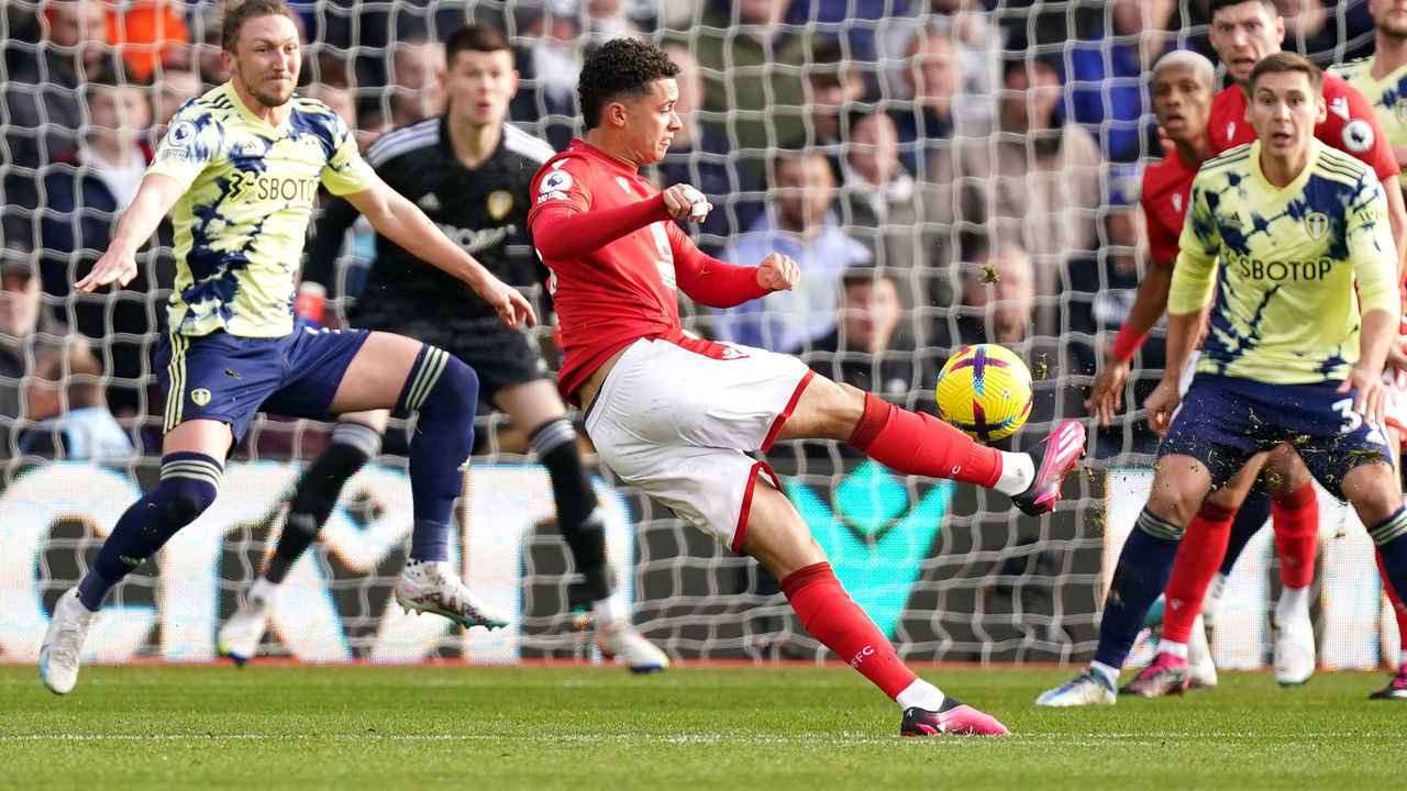 Nottingham Forest's Brennan Johnson scores their side's first goal of the game during the Premier League match at the City Ground, Nottingham. Picture date: Sunday February 5, 2023.