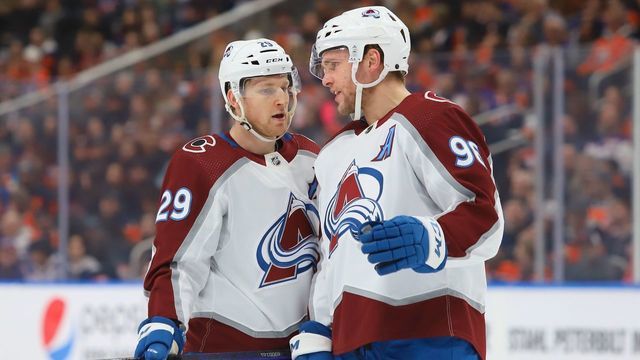 EDMONTON, CANADA - JANUARY 7: Nathan Mackinnon #29 of the Colorado Avalanche discuss face off strategy with Mikko Rantanen #96 in the first period against the Edmonton Oilers on January 7, 2023 at Rogers Place in Edmonton, Alberta, Canada.
