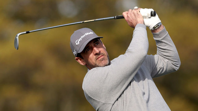 PEBBLE BEACH, CALIFORNIA - FEBRUARY 01: NFL quarterback Aaron Rodgers hits a shot during the Cisco Million Dollar Hole-in-One for Charity Challenge prior to the AT&T Pebble Beach Pro-Am at Pebble Beach Golf Links on February 01, 2023 in Pebble Beach, California.