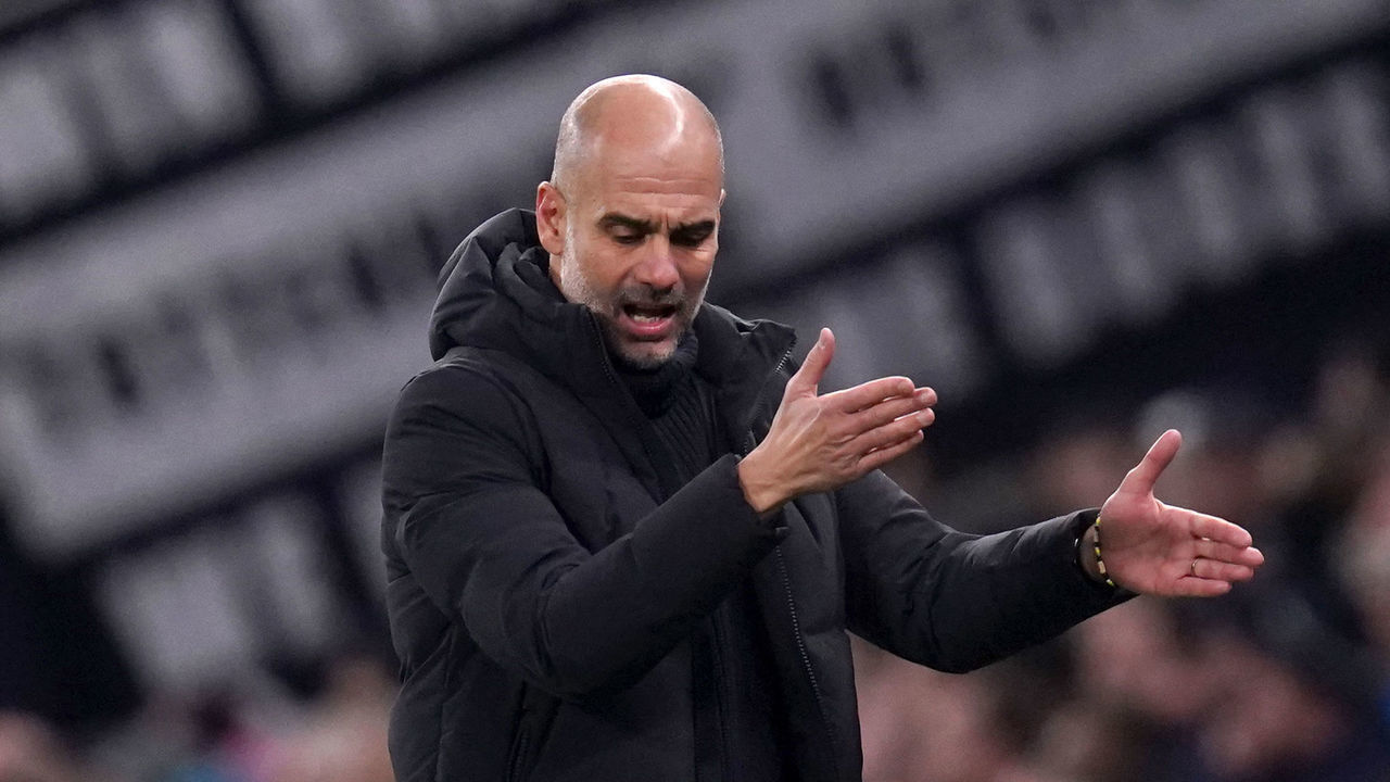 Manchester City manager Pep Guardiola reacts on the touchline during the Premier League match at the Tottenham Hotspur Stadium, London. Picture date: Sunday February 5, 2023.