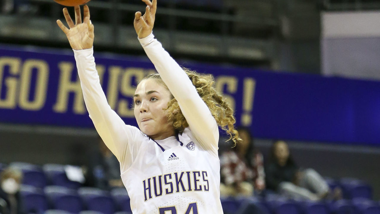 SEATTLE, WA - NOVEMBER 30: Washington Huskies guard Elle Ladine (24) shoots the ball during a womens college basketball game between the Seattle Redhawks and the Washington Huskies on November 30, 2021, at Hec Edmundson Pavilion in Seattle, WA.