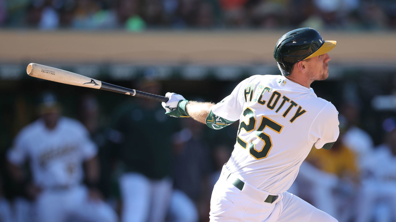 OAKLAND, CA - AUGUST 6: Stephen Piscotty #25 of the Oakland Athletics bats during the game against the San Francisco Giants at RingCentral Coliseum on August 6, 2022 in Oakland, California. The Giants defeated the Athletics 7-3.