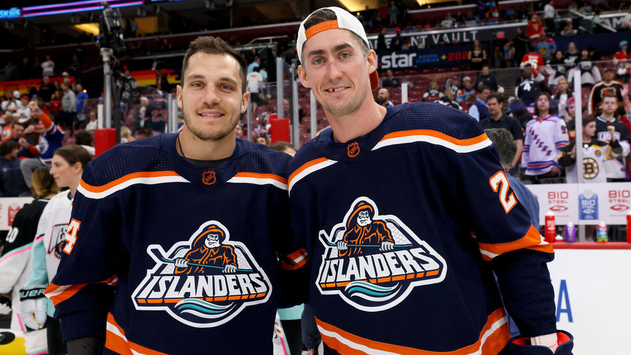 SUNRISE, FLORIDA - FEBRUARY 03: Bo Horvat #14 of the New York Islanders and Brock Nelson #29 of the New York Islanders pose during the 2023 NHL All-Star Skills Competition at FLA Live Arena on February 03, 2023 in Sunrise, Florida.