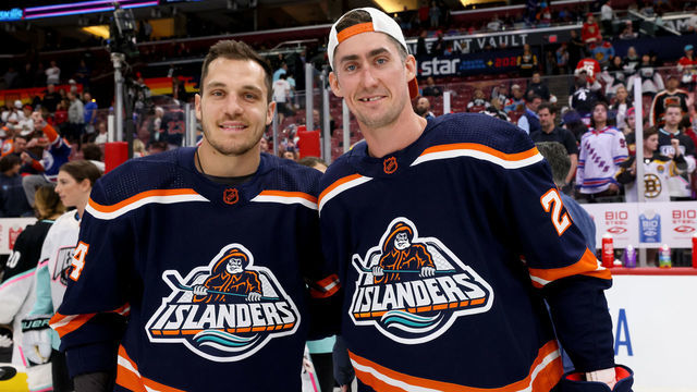 SUNRISE, FLORIDA - FEBRUARY 03: Bo Horvat #14 of the New York Islanders and Brock Nelson #29 of the New York Islanders pose during the 2023 NHL All-Star Skills Competition at FLA Live Arena on February 03, 2023 in Sunrise, Florida.