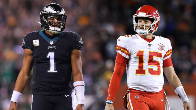 FILE PHOTO (EDITOR'S NOTE: COMPOSITE OF IMAGES - Image numbers 1445115801, 1195611619 - GRADIENT ADDED) In this composite image a comparison has been made between quarterback Jalen Hurts #1 of the Philadelphia Eagles (L) and quarterback Patrick Mahomes #15 of the Kansas City Chiefs (R). They will meet in Super Bowl LVII on February 12,2023 at State Farm Stadium in Glendale, Arizona. ***LEFT IMAGE PHILADELPHIA, PA - NOVEMBER 27: Jalen Hurts #1 of the Philadelphia Eagles looks on against the Green Bay Packers at Lincoln Financial Field on November 27, 2022 in Philadelphia, Pennsylvania.