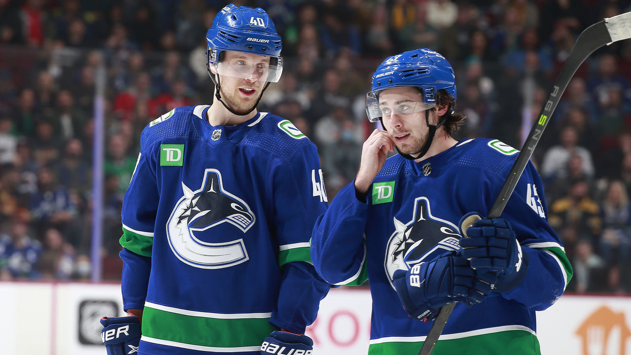 VANCOUVER, CANADA - JANUARY 5: Elias Pettersson #40 of the Vancouver Canucks talks to teammate Quinn Hughes #43 during their NHL game against the Colorado Avalanche at Rogers Arena January 5, 2023 in Vancouver, British Columbia, Canada.