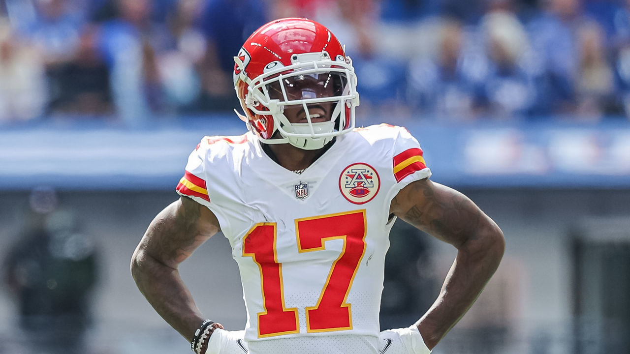 INDIANAPOLIS, IN - SEPTEMBER 25: Mecole Hardman #17 of the Kansas City Chiefs is seen during the game against the Indianapolis Colts at Lucas Oil Stadium on September 25, 2022 in Indianapolis, Indiana.