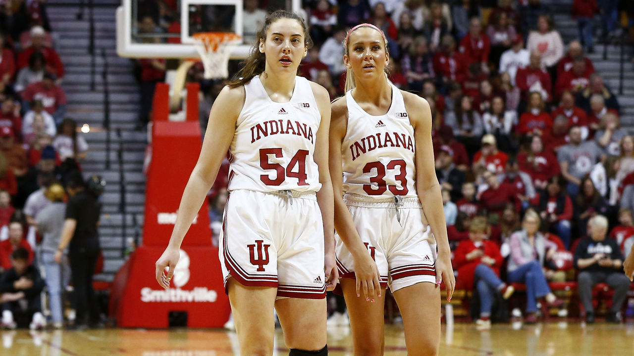 BLOOMINGTON, IN - JANUARY 29: Indiana Hoosiers forward Mackenzie Holmes (54) and Indiana Hoosiers guard Sydney Parrish (33) walk up the court after a time out during a womens college basketball game between the Rutgers Scarlet Knights and the Indiana Hoosiers on January 29, 2023 at Simon Skjodt Assembly Hall, in Bloomington, IN.