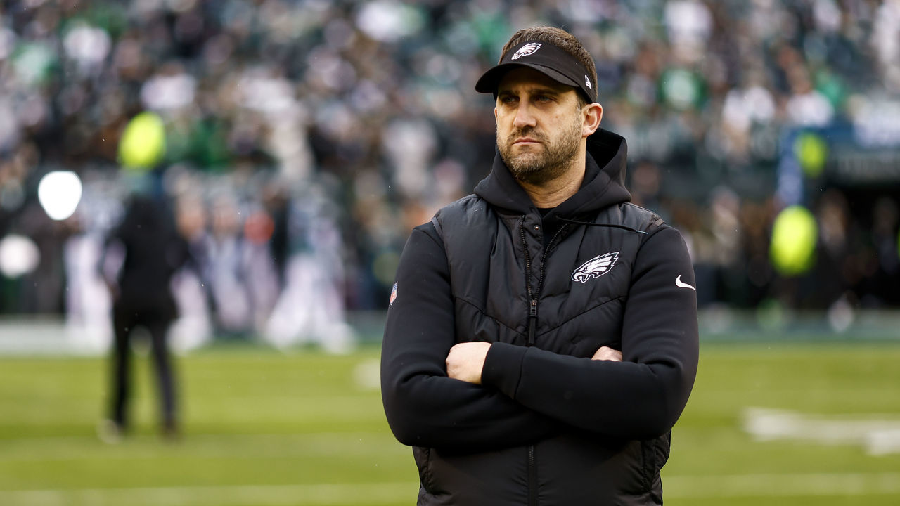 PHILADELPHIA, PA - JANUARY 29: Head coach Nick Sirianni of the Philadelphia Eagles watches warmups prior to the NFC Championship NFL football game against the San Francisco 49ers at Lincoln Financial Field on January 29, 2023 in Philadelphia, Pennsylvania.