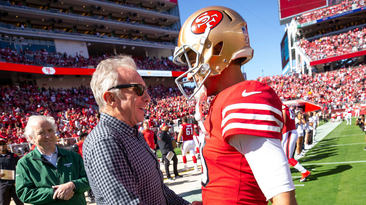 SANTA CLARA, CA - OCTOBER 23: Joe Montana with Jimmy Garoppolo #10 of the San Francisco 49ers on the field before the game against the Kansas City Chiefs at Levi's Stadium on October 23, 2022 in Santa Clara, California. The Chiefs defeated the 49ers 44-23.
