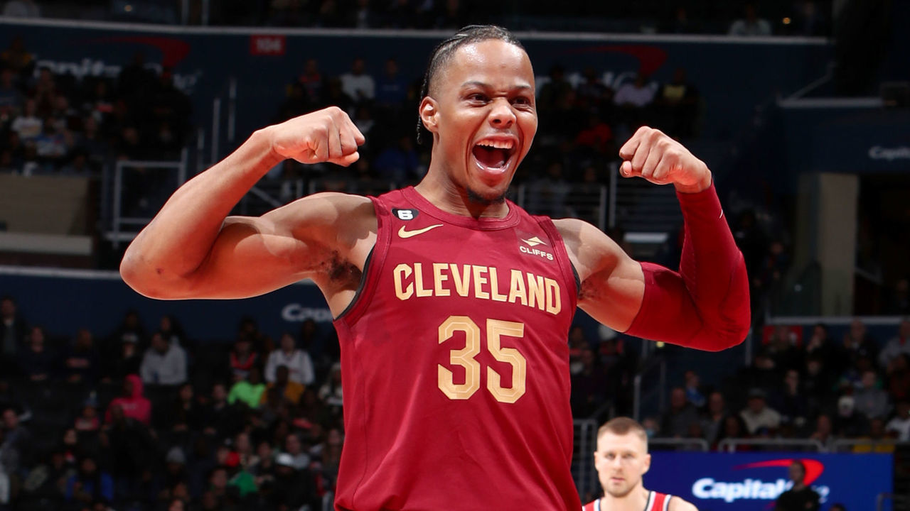 WASHINGTON, DC - FEBRUARY 6: Isaac Okoro #35 of the Cleveland Cavaliers looks on during the game against the Washington Wizards on February 6, 2023 at Capital One Arena in Washington, DC. Mandatory Copyright Notice: Copyright 2023 NBAE