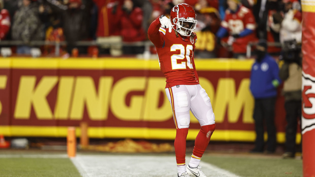 KANSAS CITY, MISSOURI - JANUARY 29: Justin Reid #20 of the Kansas City Chiefs reacts during the AFC Championship NFL football game between the Kansas City Chiefs and the Cincinnati Bengals at GEHA Field at Arrowhead Stadium on January 29, 2023 in Kansas City, Missouri.