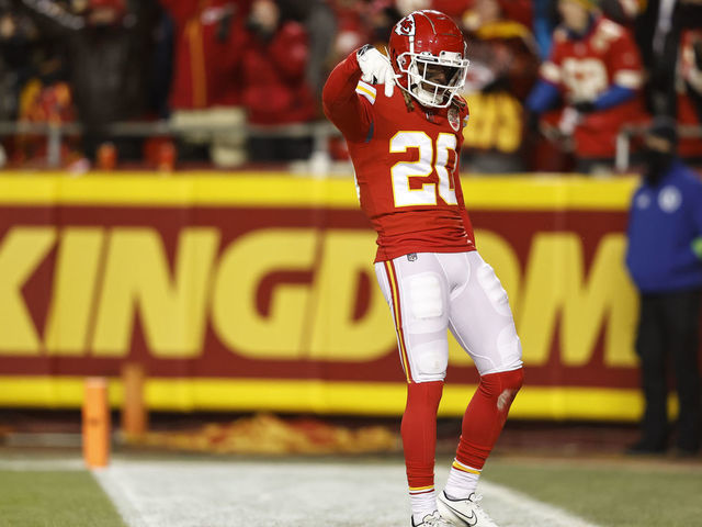 KANSAS CITY, MISSOURI - JANUARY 29: Justin Reid #20 of the Kansas City Chiefs reacts during the AFC Championship NFL football game between the Kansas City Chiefs and the Cincinnati Bengals at GEHA Field at Arrowhead Stadium on January 29, 2023 in Kansas City, Missouri.