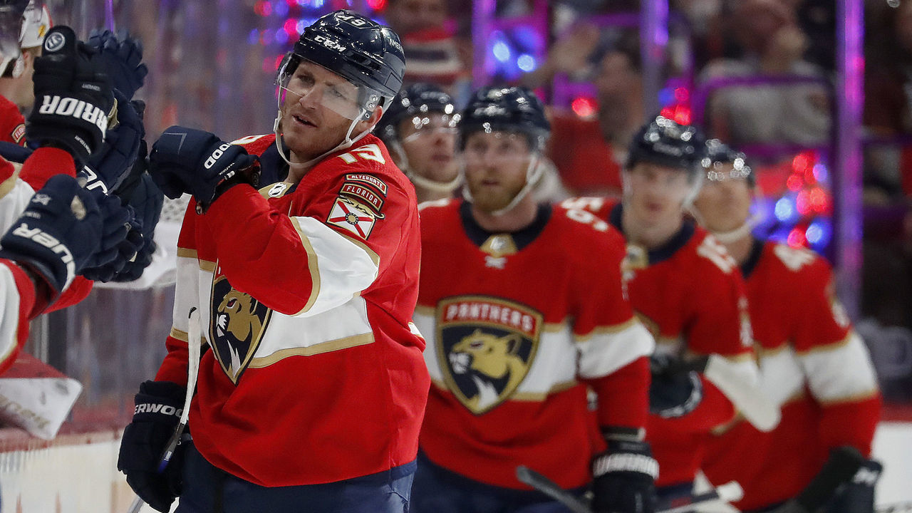 SUNRISE, FLORIDA - FEBRUARY 6: Matthew Tkachuk #19 of the Florida Panthers celebrates his goal with teammates during the second period against the Tampa Bay Lightning at the FLA Live Arena on February 6, 2023 in Sunrise, Florida.