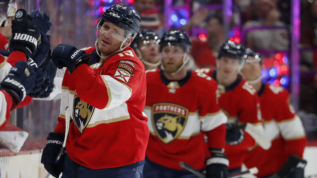 SUNRISE, FLORIDA - FEBRUARY 6: Matthew Tkachuk #19 of the Florida Panthers celebrates his goal with teammates during the second period against the Tampa Bay Lightning at the FLA Live Arena on February 6, 2023 in Sunrise, Florida.