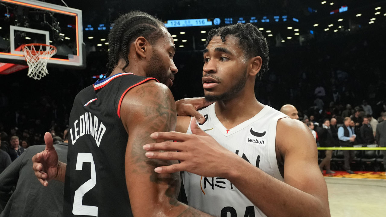 BROOKLYN, NY - FEBRUARY 6: Kawhi Leonard #2 of the LA Clippers and Cam Thomas #24 of the Brooklyn Nets after the game on February 6, 2023 at Barclays Center in Brooklyn, New York. Mandatory Copyright Notice: Copyright 2023 NBAE