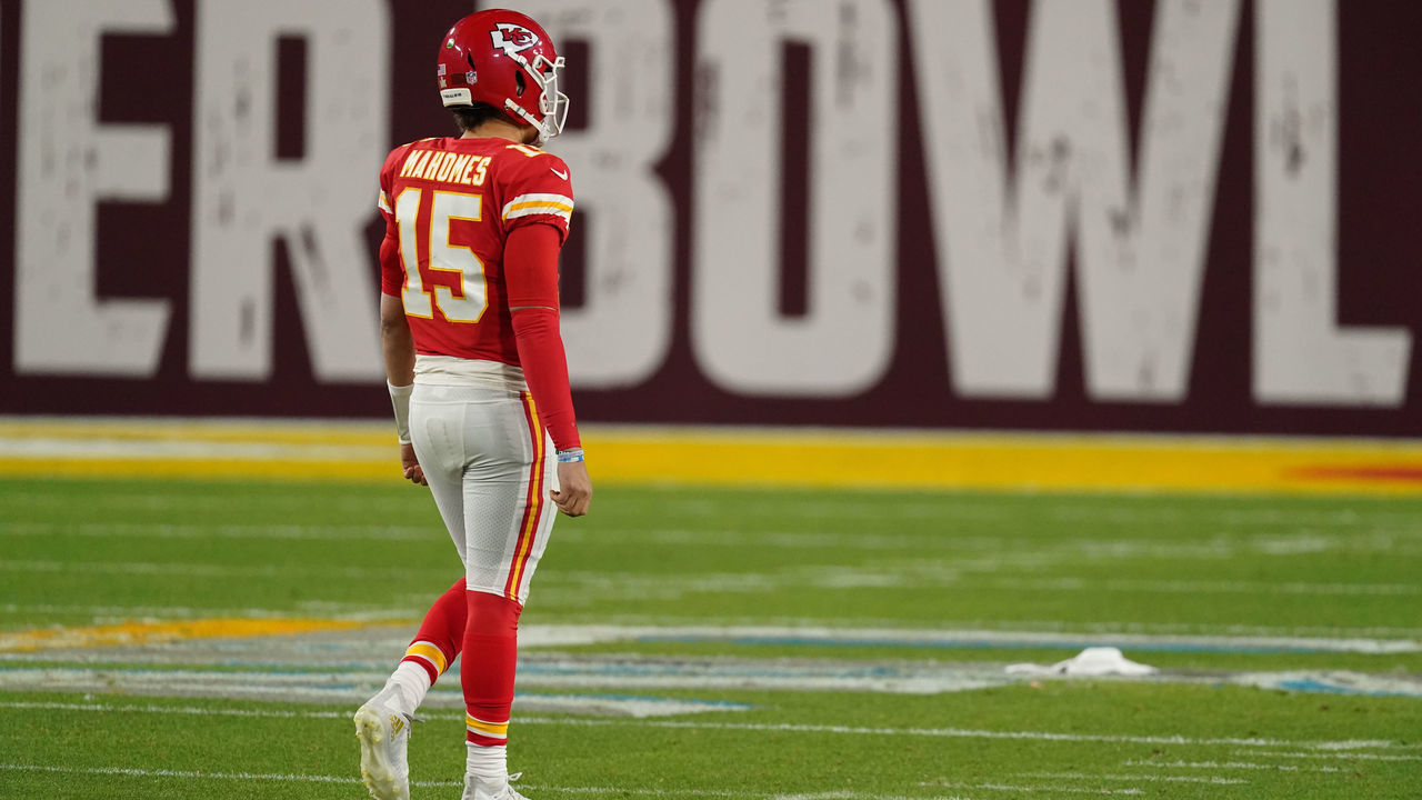 TAMPA, FLORIDA - FEBRUARY 07: Patrick Mahomes #15 of the Kansas City Chiefs walks off of the field prior to the NFL Super Bowl 55 football game against the Tampa Bay Buccaneers on February 7, 2021 in Tampa, Florida.