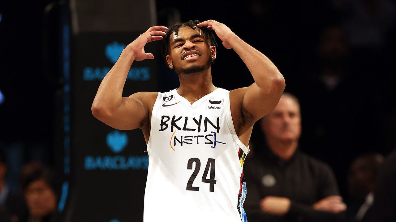 NEW YORK, NEW YORK - FEBRUARY 06: Cam Thomas #24 of the Brooklyn Nets reacts during the final seconds of the game against the LA Clippers at Barclays Center on February 06, 2023 in New York City.