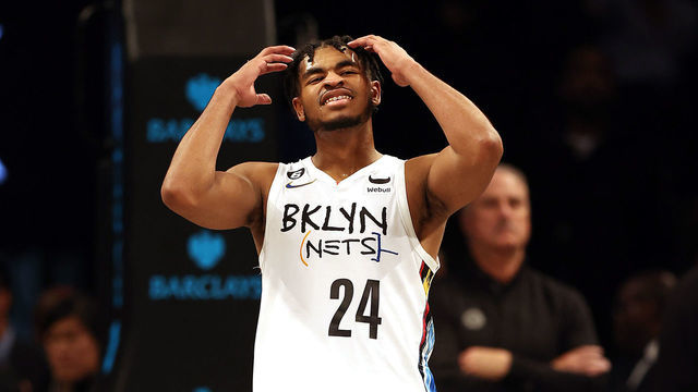 NEW YORK, NEW YORK - FEBRUARY 06: Cam Thomas #24 of the Brooklyn Nets reacts during the final seconds of the game against the LA Clippers at Barclays Center on February 06, 2023 in New York City.