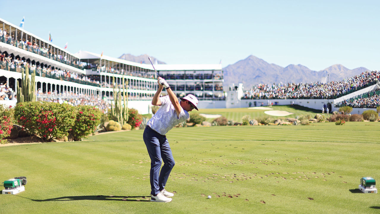 SCOTTSDALE, ARIZONA - FEBRUARY 13: Joel Dahmen of the United States hits his tee shot on the 16th hole during the final round of the WM Phoenix Open at TPC Scottsdale on February 13, 2022 in Scottsdale, Arizona.