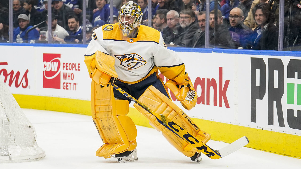 TORONTO, ON - JANUARY 11: Juuse Saros #74 of the Nashville Predators looks on against the Toronto Maple Leafs during the first period at the Scotiabank Arena on January 11, 2023 in Toronto, Ontario, Canada.