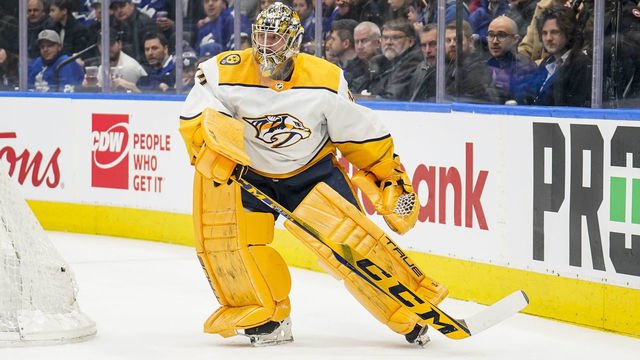 TORONTO, ON - JANUARY 11: Juuse Saros #74 of the Nashville Predators looks on against the Toronto Maple Leafs during the first period at the Scotiabank Arena on January 11, 2023 in Toronto, Ontario, Canada.