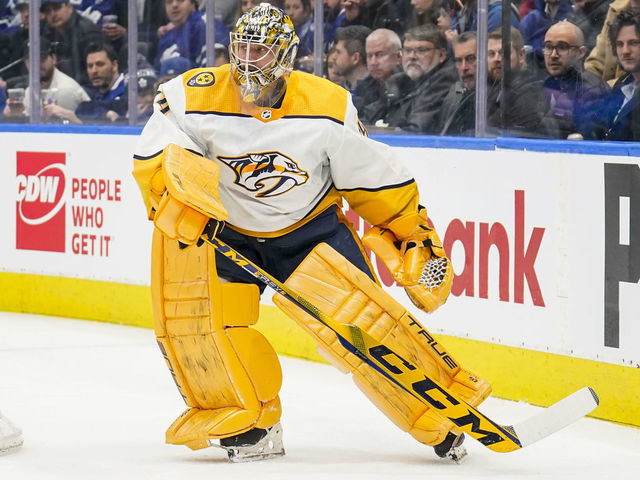 TORONTO, ON - JANUARY 11: Juuse Saros #74 of the Nashville Predators looks on against the Toronto Maple Leafs during the first period at the Scotiabank Arena on January 11, 2023 in Toronto, Ontario, Canada.