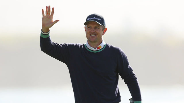 PEBBLE BEACH, CALIFORNIA - FEBRUARY 06: Justin Rose of England celebrates his final putt for victory on the 18th green during the continuation of the final round of the AT&T Pebble Beach Pro-Am at Pebble Beach Golf Links on February 06, 2023 in Pebble Beach, California.