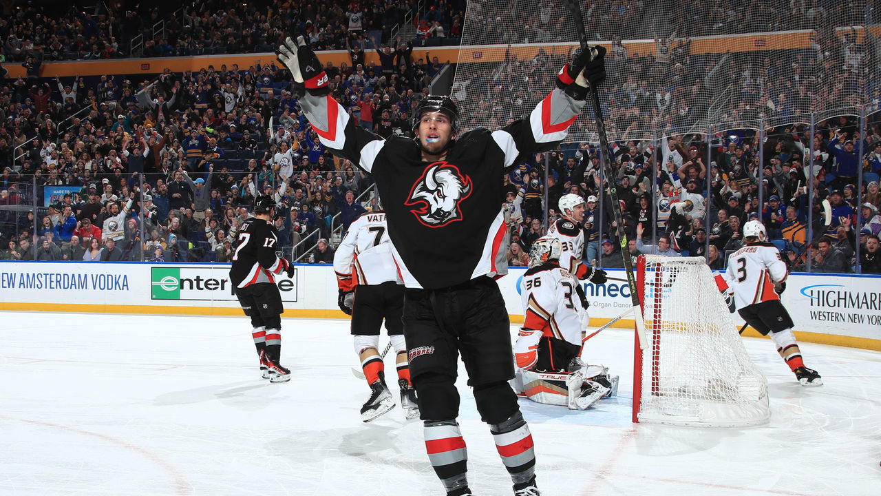 BUFFALO, NY - JANUARY 21: Dylan Cozens #24 of the Buffalo Sabres celebrates his first period goal against John Gibson #36 of the Anaheim Ducks during an NHL game on January 21, 2023 at KeyBank Center in Buffalo, New York.