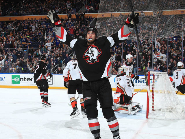 BUFFALO, NY - JANUARY 21: Dylan Cozens #24 of the Buffalo Sabres celebrates his first period goal against John Gibson #36 of the Anaheim Ducks during an NHL game on January 21, 2023 at KeyBank Center in Buffalo, New York.