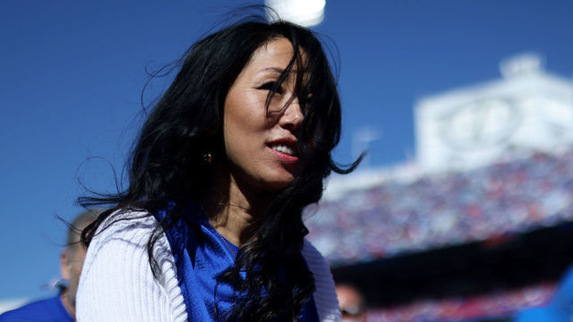 ORCHARD PARK, NEW YORK - SEPTEMBER 26: Kim Pegula owner of the Buffalo Bills walks off the field prior to a game against the Washington Football Team at Highmark Stadium on September 26, 2021 in Orchard Park, New York.