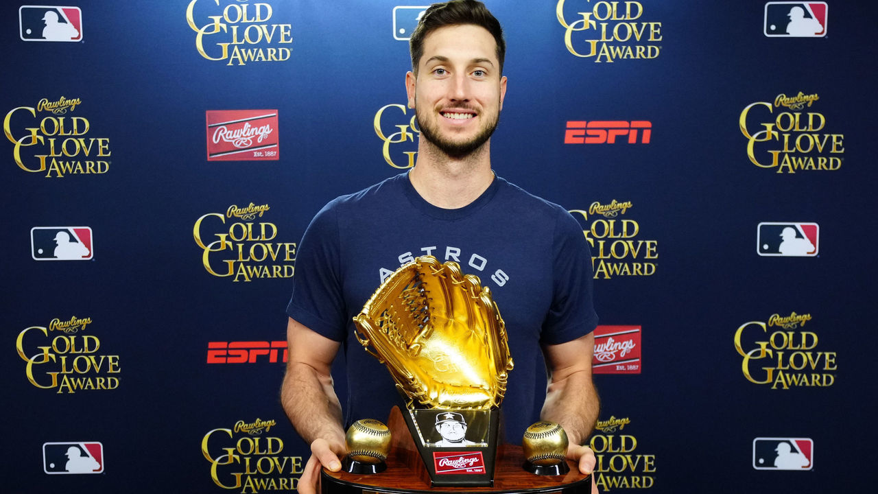 PHILADELPHIA, PA - NOVEMBER 01: Rawlings Gold Glove Award winner Kyle Tucker #30 of the Houston Astros poses for a photo prior to Game 3 of the 2022 World Series between the Houston Astros and the Philadelphia Phillies at Citizens Bank Park on Tuesday, November 1, 2022 in Philadelphia, Pennsylvania.