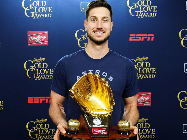 PHILADELPHIA, PA - NOVEMBER 01: Rawlings Gold Glove Award winner Kyle Tucker #30 of the Houston Astros poses for a photo prior to Game 3 of the 2022 World Series between the Houston Astros and the Philadelphia Phillies at Citizens Bank Park on Tuesday, November 1, 2022 in Philadelphia, Pennsylvania.