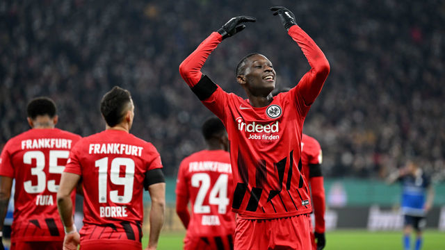 07 February 2023, Hesse, Frankfurt/M.: Soccer, DFB Cup, SG Eintracht Frankfurt - SV Darmstadt 98, Round of 16, Deutsche Bank Park. Frankfurt's Randal Kolo Muani celebrates his goal to make it 1:0. IMPORTANT NOTE: In accordance with the regulations of the DFL Deutsche Fußball Liga and the DFB Deutscher Fußball-Bund, it is prohibited to use or have used photographs taken in the stadium and/or of the match in the form of sequence pictures and/or video-like photo series. Photo: Arne Dedert/dpa
