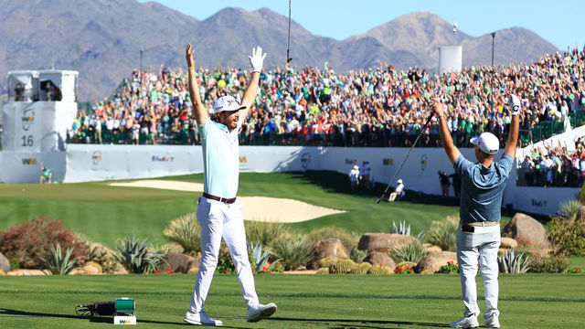 SCOTTSDALE, ARIZONA - FEBRUARY 12: Sam Ryder of the United States reacts to his hole-in-one with Brian Harman of the United States on the 16th hole during the third round of the WM Phoenix Open at TPC Scottsdale on February 12, 2022 in Scottsdale, Arizona.