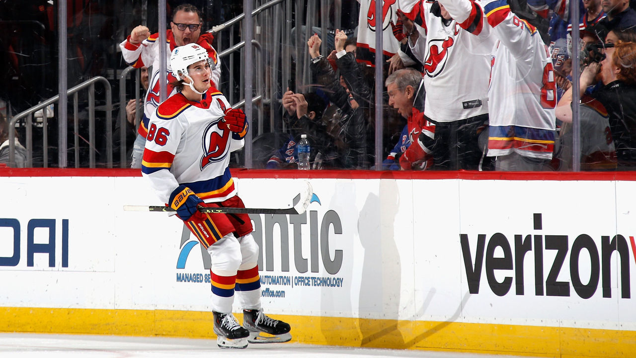 NEWARK, NEW JERSEY - JANUARY 07: Jack Hughes #86 of the New Jersey Devils celebrates his third period goal against the New York Rangers at the Prudential Center on January 07, 2023 in Newark, New Jersey. The Devils defeated the Rangers 4-3 in overtime.