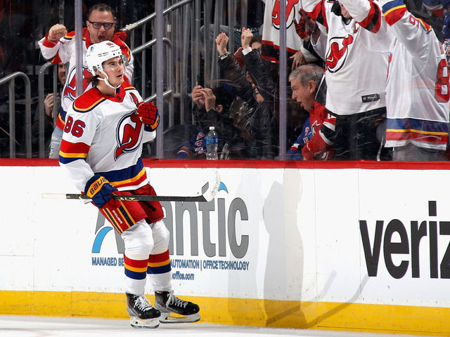 NEWARK, NEW JERSEY - JANUARY 07: Jack Hughes #86 of the New Jersey Devils celebrates his third period goal against the New York Rangers at the Prudential Center on January 07, 2023 in Newark, New Jersey. The Devils defeated the Rangers 4-3 in overtime.