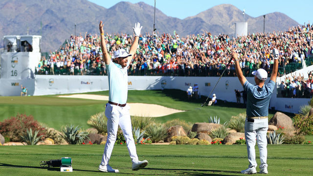 SCOTTSDALE, ARIZONA - FEBRUARY 12: Sam Ryder of the United States reacts to his hole-in-one with Brian Harman of the United States on the 16th hole during the third round of the WM Phoenix Open at TPC Scottsdale on February 12, 2022 in Scottsdale, Arizona.