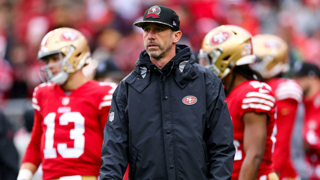 SANTA CLARA, CALIFORNIA - JANUARY 14: Head coach Kyle Shanahan of the San Francisco 49ers looks on prior to a game against the Seattle Seahawks in the NFC Wild Card playoff game at Levi's Stadium on January 14, 2023 in Santa Clara, California.