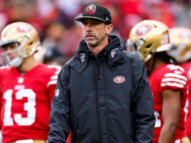 SANTA CLARA, CALIFORNIA - JANUARY 14: Head coach Kyle Shanahan of the San Francisco 49ers looks on prior to a game against the Seattle Seahawks in the NFC Wild Card playoff game at Levi's Stadium on January 14, 2023 in Santa Clara, California.