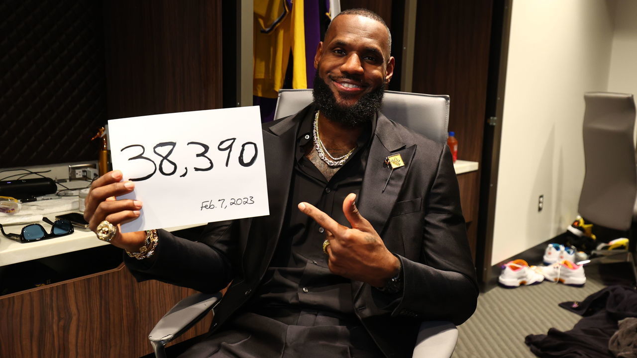 LOS ANGELES, CA - FEBRUARY 7: LeBron James #6 of the Los Angeles Lakers celebrates in the locker room after breaking Kareem Abdul-Jabbars, all time scoring record of 38,387 points against the Oklahoma City Thunder on February 7, 2023 at Crypto.Com Arena in Los Angeles, California. NOTE TO USER: User expressly acknowledges and agrees that, by downloading and/or using this Photograph, user is consenting to the terms and conditions of the Getty Images License Agreement. Mandatory Copyright Notice: Copyright 2023 NBAE