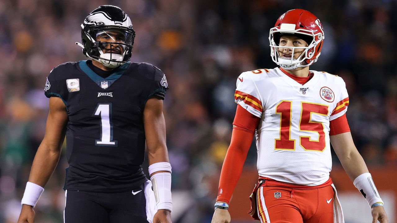 FILE PHOTO (EDITOR'S NOTE: COMPOSITE OF IMAGES - Image numbers 1445115801, 1195611619 - GRADIENT ADDED) In this composite image a comparison has been made between quarterback Jalen Hurts #1 of the Philadelphia Eagles (L) and quarterback Patrick Mahomes #15 of the Kansas City Chiefs (R). They will meet in Super Bowl LVII on February 12,2023 at State Farm Stadium in Glendale, Arizona. ***LEFT IMAGE PHILADELPHIA, PA - NOVEMBER 27: Jalen Hurts #1 of the Philadelphia Eagles looks on against the Green Bay Packers at Lincoln Financial Field on November 27, 2022 in Philadelphia, Pennsylvania.