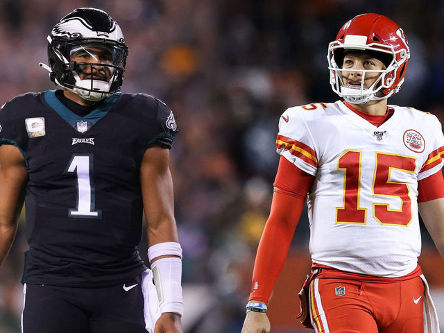 FILE PHOTO (EDITOR'S NOTE: COMPOSITE OF IMAGES - Image numbers 1445115801, 1195611619 - GRADIENT ADDED) In this composite image a comparison has been made between quarterback Jalen Hurts #1 of the Philadelphia Eagles (L) and quarterback Patrick Mahomes #15 of the Kansas City Chiefs (R). They will meet in Super Bowl LVII on February 12,2023 at State Farm Stadium in Glendale, Arizona. ***LEFT IMAGE PHILADELPHIA, PA - NOVEMBER 27: Jalen Hurts #1 of the Philadelphia Eagles looks on against the Green Bay Packers at Lincoln Financial Field on November 27, 2022 in Philadelphia, Pennsylvania.