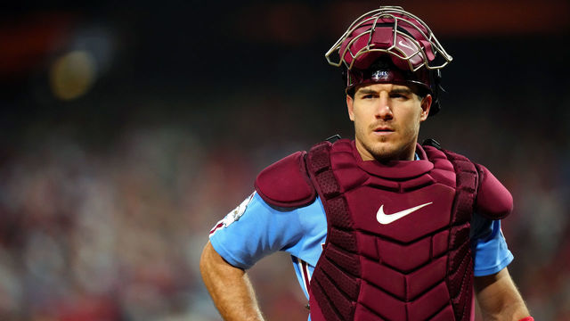 PHILADELPHIA, PA - NOVEMBER 03: J.T. Realmuto #10 of the Philadelphia Phillies looks on in the third inning during Game 5 of the 2022 World Series between the Houston Astros and the Philadelphia Phillies at Citizens Bank Park on Thursday, November 3, 2022 in Philadelphia, Pennsylvania.