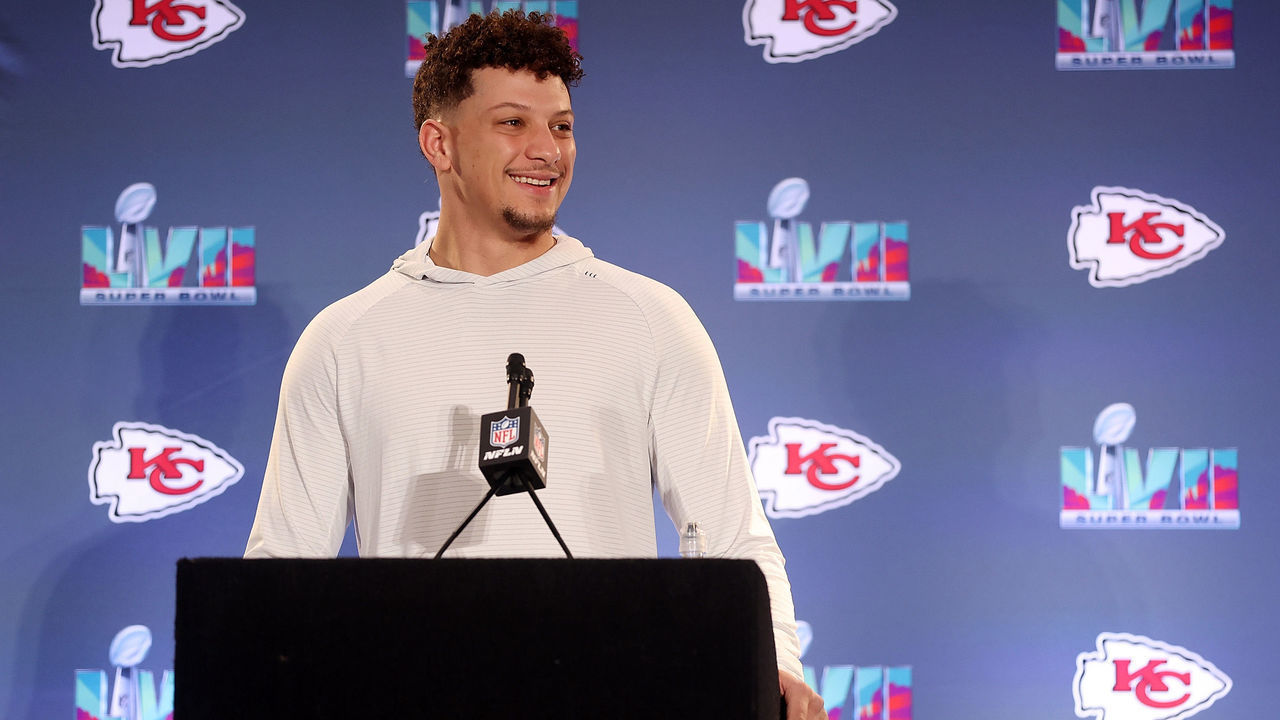 SCOTTSDALE, ARIZONA - FEBRUARY 08: Patrick Mahomes #15 of the Kansas City Chiefs speaks to the media during the Kansas City Chiefs media availability prior to Super Bowl LVII at the Hyatt Regency Gainey Ranch on February 08, 2023 in Scottsdale, Arizona.