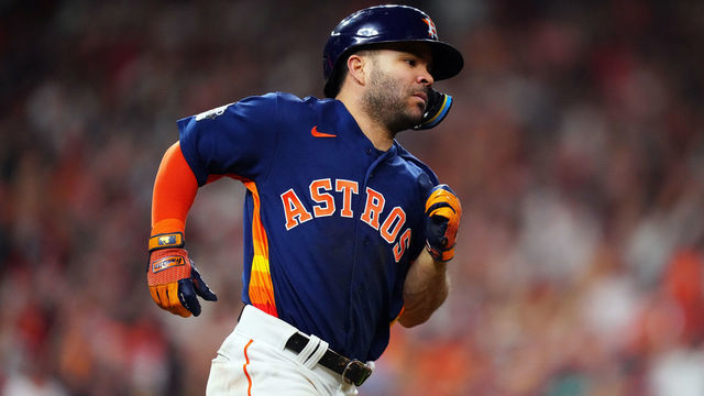 HOUSTON, TX - NOVEMBER 05: Jose Altuve #27 of the Houston Astros runs to first base with a single in the seventh inning during Game 6 of the 2022 World Series between the Philadelphia Phillies and the Houston Astros at Minute Maid Park on Saturday, November 5, 2022 in Houston, Texas.