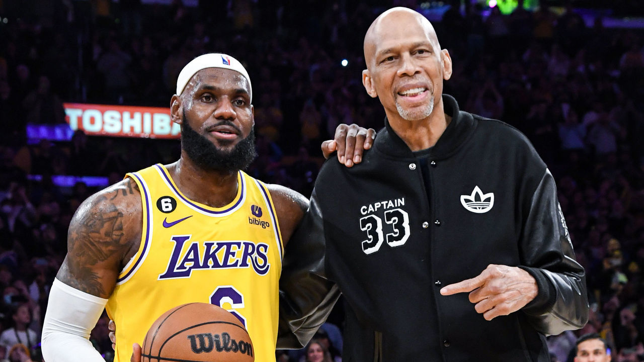 LOS ANGELES, CA - FEBRUARY 7: LeBron James #6 of the Los Angeles Lakers celebrates on court with Kareem Abdul-Jabbar after breaking the all time scoring record of 38,387 points during the game against the Oklahoma City Thunder on February 7, 2023 at Crypto.Com Arena in Los Angeles, California. NOTE TO USER: User expressly acknowledges and agrees that, by downloading and/or using this Photograph, user is consenting to the terms and conditions of the Getty Images License Agreement. Mandatory Copyright Notice: Copyright 2023 NBAE